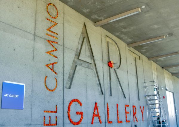 The exterior engravings of the Arts Complex where filled with paper flowers, symbolizing Marigolds in connection to the Dia De los Muertos exhibit which was held inside the buildings gallery. ( Isabelle Ibarra| The Union)