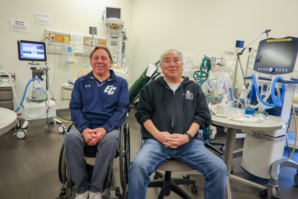 In the respiratory care lab, El Camino College Professor Roy Mekaru and Associate Dean of Math Business Allied Building Russell Serr are seated next to one another. Surrounded by actual hardware to provide a physical experience. (Bryan Sanchez | The Union)