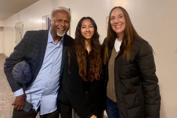 Assistant Stage Manager for "The Miracle Worker" and El Camino College student, Meera Davis, center, poses with her mother and father after the Dec. 1 performance of the play at the Campus Theatre. (Emily Gomez | The Union)