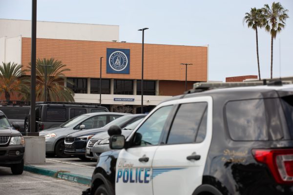 An El Camino College Police patrol car sits parked by the Campus Police building at El Camino College on Wednesday, Feb. 14, 2024. (Raphael Richardson | The Union)