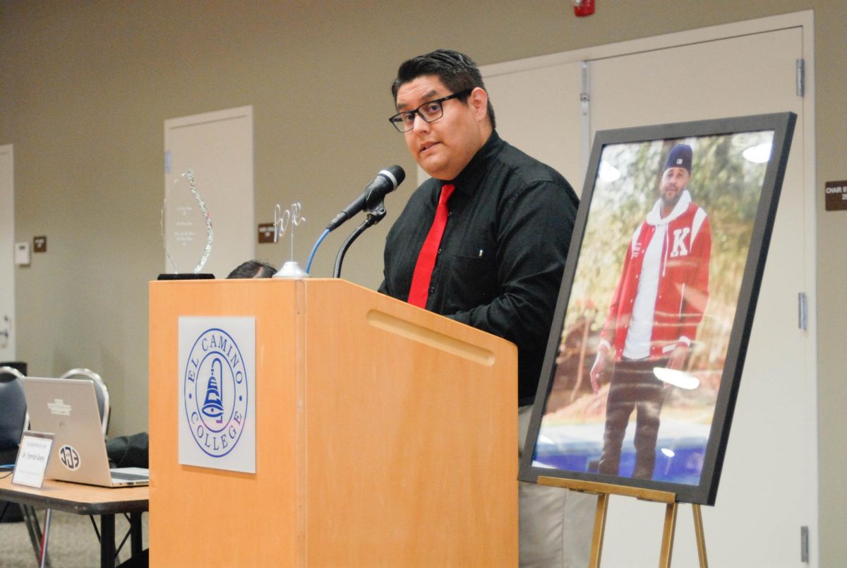 Student Development Office Director Ricky Gonzalez shares fond memories of Parrish Geary during Gearys celebration of life at the El Camino College East Dining Room on Monday, Feb. 12. Gonzales worked closely with Geary. (Osvin Suazo | The Union)