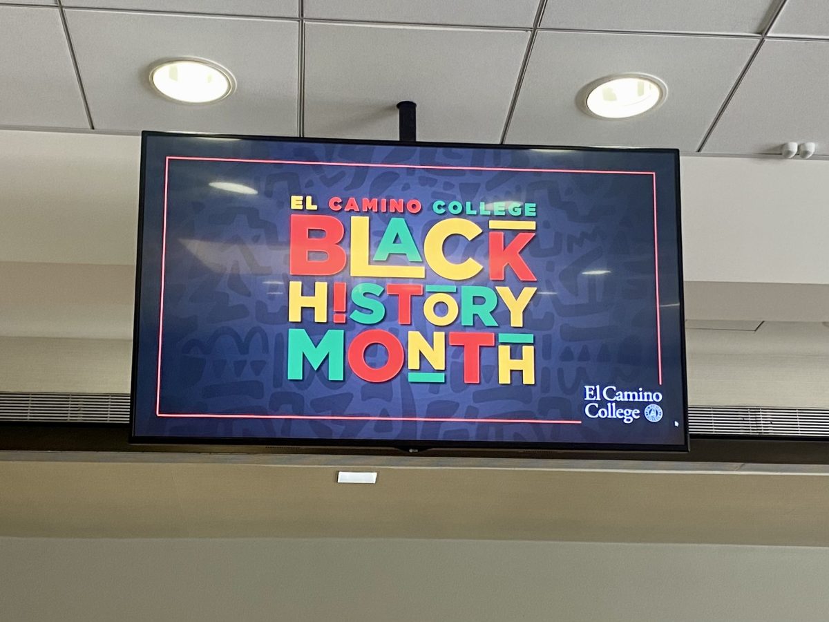 Screen display of El Camino Colleges Black History Month flyer from the Taste of Soul and Mini Black Market Flea events which occurred  in the East Dining Room above the Bookstore on Wednesday, Feb. 21. Continuing with El Camino’s Black History Month celebrations, Student Services Specialist Kandance Aragon will host a yoga session on Thursday, Feb. 29. (Olivia Sullivent | The Union)