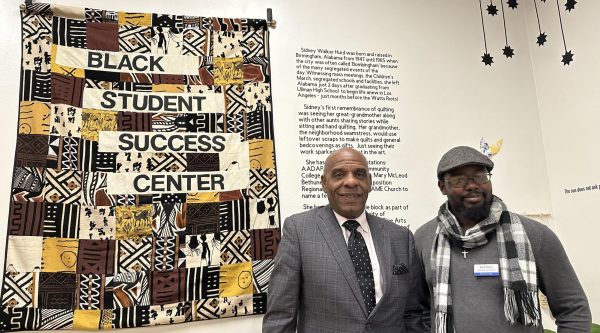 Sen. Steven Bradford, D-Calif. (left) and Wiley Wilson of the Social Justice Center pose for a photo at the Black Student Success Center on Friday, Feb. 16. (Ma. Gisela Ordenes | The Union)