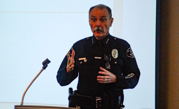El Camino College Police Chief Michael Trevis explains the parameters of an upcoming active shooter drill, taking place on Friday, April 12, to the members of the Academic Senate on Tuesday, Feb. 20. (Osvin Suazo | The Union)