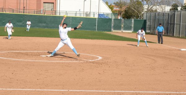 El Camino pitcher Gabriela Ortega winds up for her pitch against East Los Angeles College in the Warriors game on Feb. 27. Ortega pitched all six innings for the Warriors giving up no runs, six hits, three strikeouts and one walk in their 8-0 win.