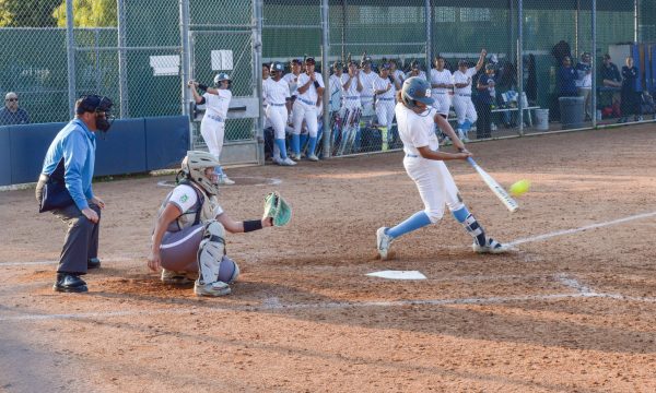El Camino infielder Cheyenne Navarro swings and hits one of her three hits on the day, going 2-4 and scoring three runs. The Warriors would go on to shut out East Los Angeles and win 8-0 in the team's game on Feb. 27.