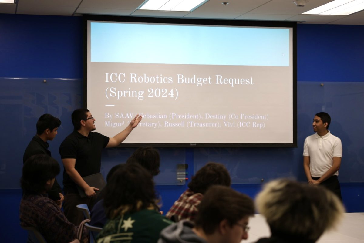 Robotics Club Co-President Sebastian Araque, 24, presents the Robotics Club budget request at the Inter-Club Council cabinet meeting on Wednesday, March 6. (Ethan Cohen | The Union)