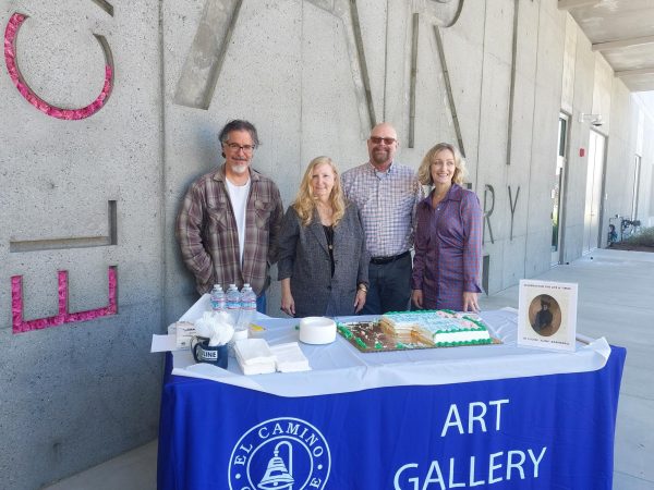 From left, Frank Lucero, Carrie Lockwood, Michael Miller and Kate-Devine Brady pose outside the El Camino College Art Gallery after the cake-cutting ceremony honoring Aline Barnsdall, “the mother of Los Angeles architecture.” Miller, director of gallery and museum programming, said he worked at Barnsdall Park with Lockwood and Lucero, and met Brady there. (Nikki Yunker | The Union)