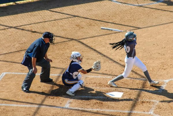 Emily Esparza, No. 20, had three at-bats, went 2/3, and scored two runs followed by two runs hit in herself against Los Angeles Harbor College at the ECC Softball Field on Friday, March 8. Esparza was a key contributor in the Warriors' 10-2 win against LA Harbor. (Osvin Suazo | The Union)