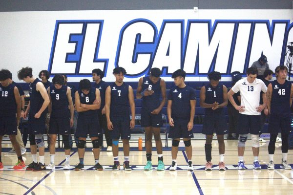 El Camino College Men's Volleyball team players listen as they wait for the announcement of the starting lineup against Santa Barbara City College at the ECC Gym Complex on Friday, March 8. (Renzo Arnazzi | The Union)