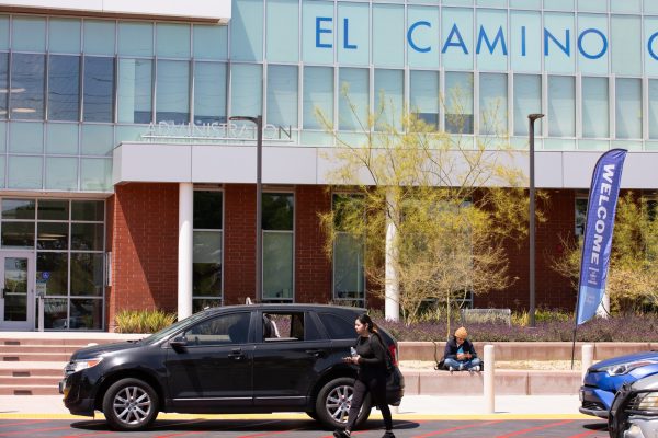 Students walk by the Administration Building at El Camino College on Wednesday, April 24. (Raphael Richardson | The Union)