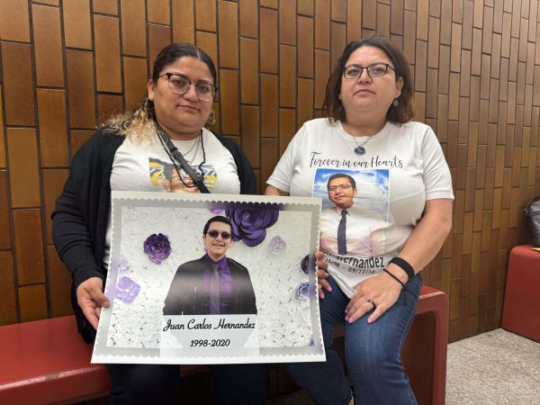 Juan Hernandez’s mother, Yajaira Hernandez, right, and his aunt, Stephanie Pineda, both gave victim impact statements in court at Clara Shortridge Foltz Criminal Justice Center in Downtown Los Angeles on Thursday, April 25. “I want you to look at Juan Carlos Hernandez’s picture, to imprint his face and name in your memory, so that you will never forget what you have done. You have taken away a bright future and left us with nothing but pain and sorrow,” Pineda said. (Kim McGill | The Union)