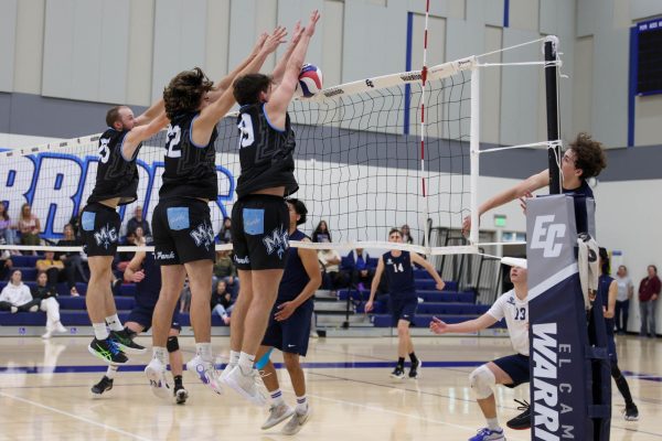 Jacob Knudsen, Fernando Acero and Taylor Phipps jump to block a Warriors' attack during the men’s volleyball game at the ECC Gym Complex on Wednesday, April 4. The Moorpark Raiders won 3-0. Phipps was the game leader with 11 kills and four blocks. (Ma. Gisela Ordenes | The Union)