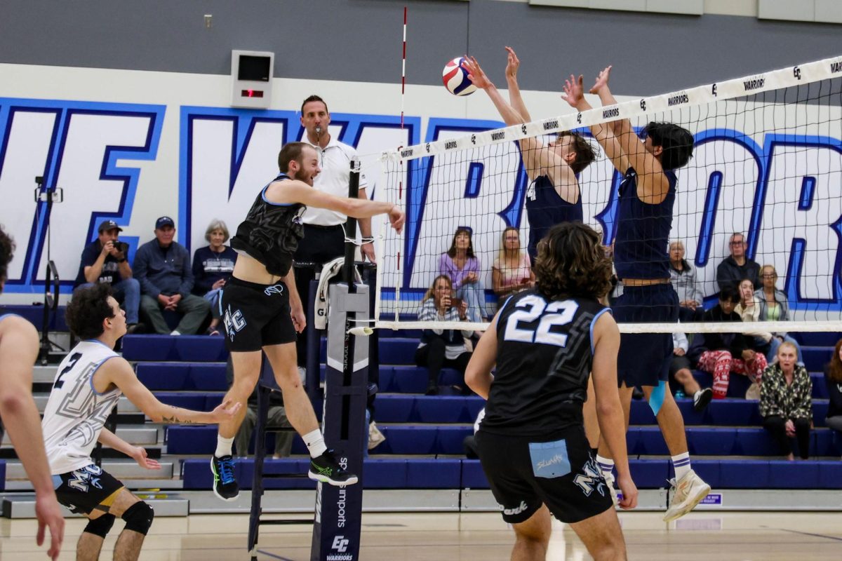 Jacob+Knudsen%2C+Moorpark+College%E2%80%99s+outside+hitter%2C+strikes+the+ball+near+the+net+and+scores+for+the+visitors+during+the+men%E2%80%99s+volleyball+game+at+the+ECC+Gym+Complex+on+Wednesday%2C+April+4.+The+Moorpark+Raiders+won+3-0.+%28Ma.+Gisela+Ordenes+%7C+The+Union%29
