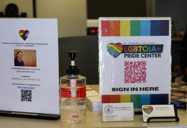 Some of the posters at the front desk in Social Justice Center with information to make a appointment with a counselor and sign in if someone is part of the GSA club session on March 19. (Dayana Rodriguez | The Union).