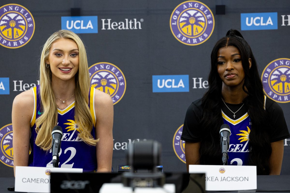 Los Angeles Sparks forwards Cameron Brink, left, and Rickea Jackson speak to the media at a press event inside El Camino Colleges Gymnasium on Wednesday, May 1. (Ethan Cohen | The Union)