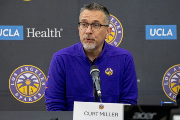Second-year coach of the WNBA's Los Angeles Sparks Curt Miller speaks to the press during media day inside El Camino College's Gymnasium on Wednesday, May 1. (Ethan Cohen | The Union)