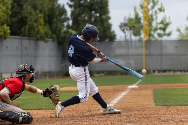 Warriors left fielder Ryan Matsukawa rips the ball down the third-base line against the Dons at Santa Ana College's Don Sneddon Field on Saturday, May 4. Matsukawa got one hit and one walk during five plate appearances. (Ethan Cohen | The Union)