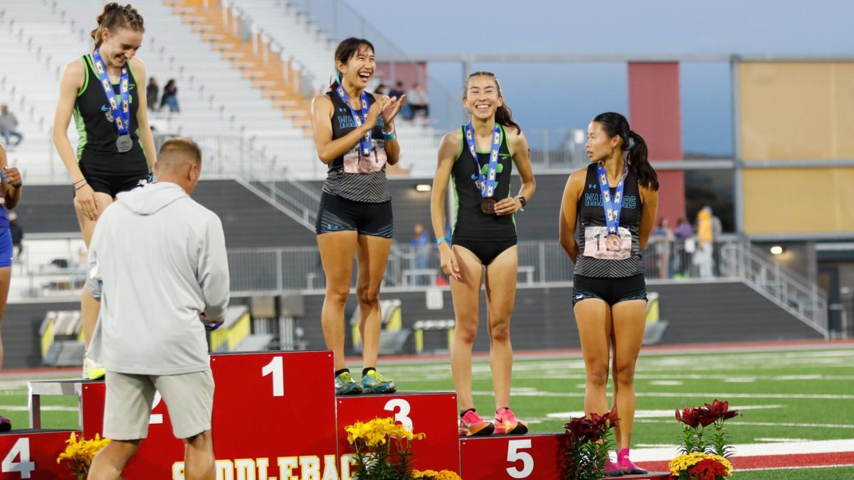From left to right, Clovis Community Colleges Rhiannon Walker, Sequoia Gonzales, Julia Martinez of Clovis, and Ami Jacobson take the podium after the womens 5,000-meter run on Saturday, May 18 at the CCCAA track and field state championships. I do love the atmosphere here [state championship] just because you have a sense of nerves, whats going on, because you have to focus on what you can control, Jacobson said. I think of it as a showcase of all the hard work rather than pressure.