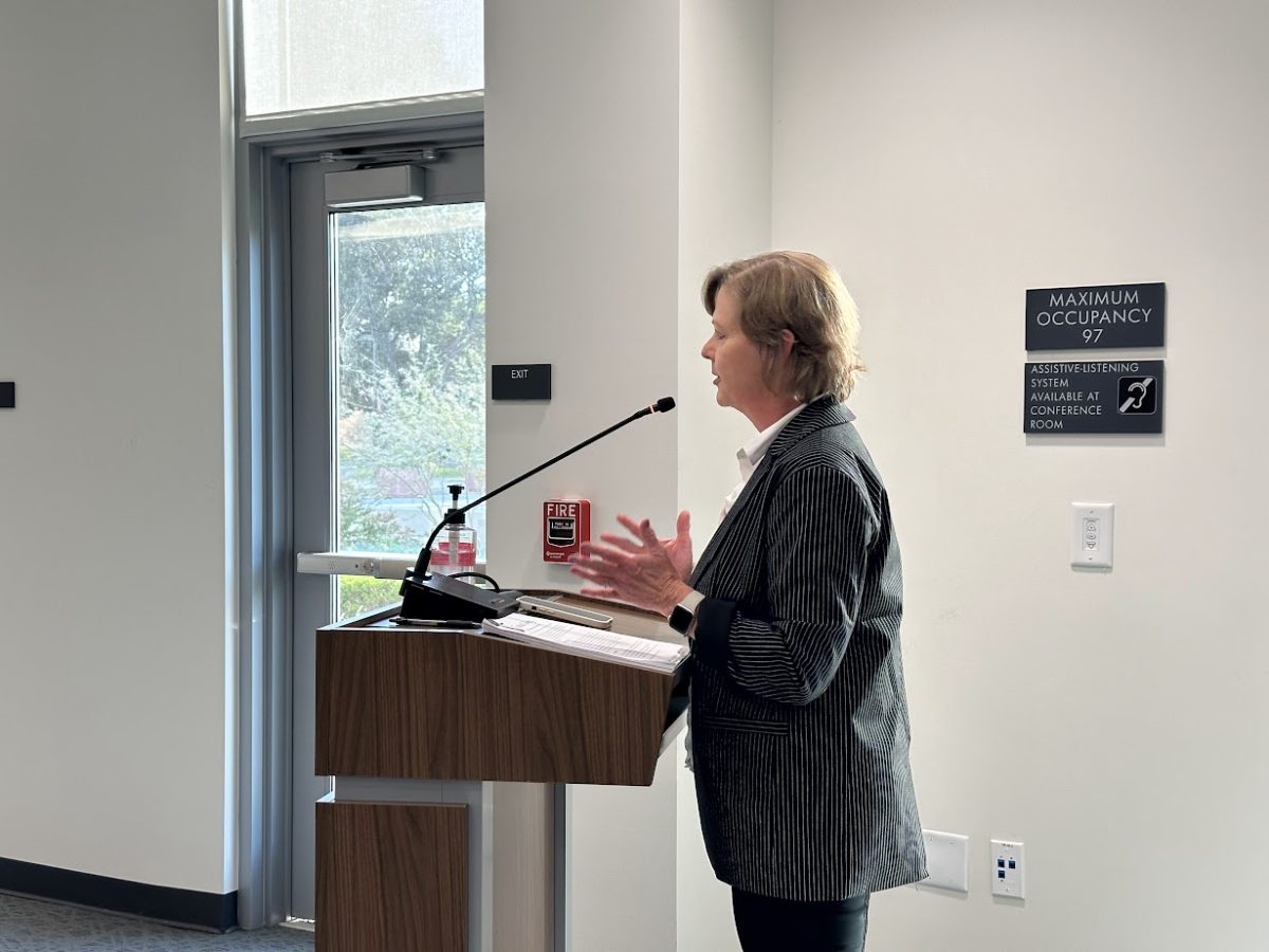 Ann OBrien, executive director of marketing and communications, presents an overview of the Crisis Communications Plan during the Board of Trustees meeting on Monday, May 20 (Eddy Cermeno | The Union)