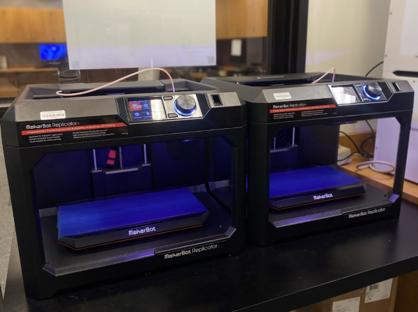 Above are two of several 3D Printers available for students to use with a reservation. MakerBot Replicator printers are a great starting point for students who are beginners with advanced technology.