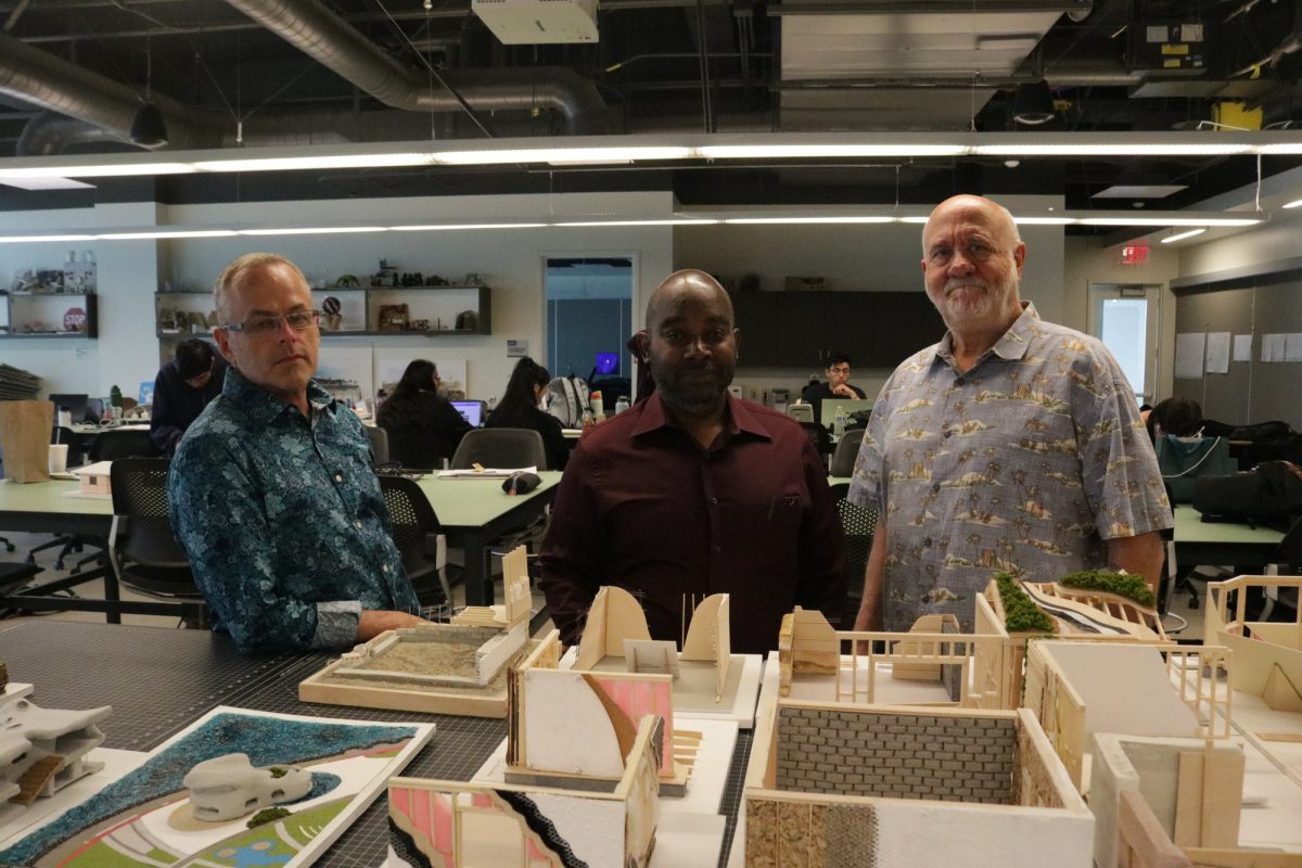 From left to right: El Camino College architecture professors Marc Yeber, Reuben Jacobs and Dan Richardson in the Industry Technology Education Center on Thursday, May 23. “Working with Dan and Marc has been a great experience, we have a lot of synergy and learn from each other,” Jacobs said. (Joseph Ramirez | The Union)