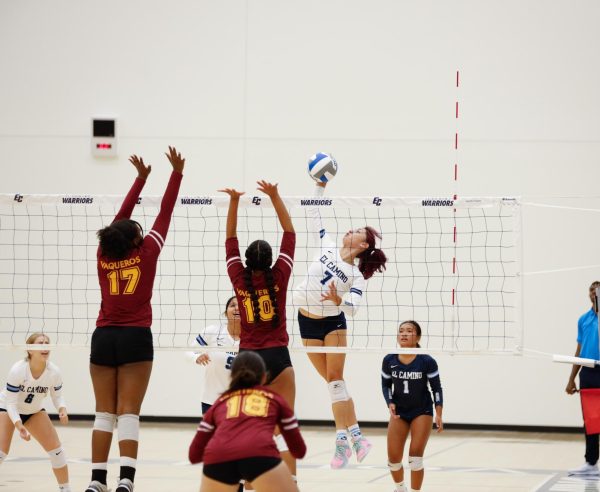 Glendale middle blocker Poet Crum and opposite hitter Jazlyn Bradley attempt to block an attack by El Camino outside hitter Scheala Nielsen on Friday, Aug. 23 at the El Camino Gymnasium. Nielsen recorded 14 kills and 13 digs leading the team offensively and defensively.