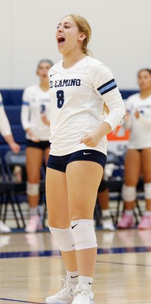 Alyssa Estrada celebrates a point during a game against Glendale at the El Camino Gymnasium on Friday, Aug. 23. El Camino swept Glendale 3-0 in their season opener at home. The Warriors will be on the road at Bakersfield College at the Bakersfield Quad for a doubleheader against Santa Barbara at 10 a.m. and will face Bakersfield at 2 p.m. (Greg Fontanilla | The Union)