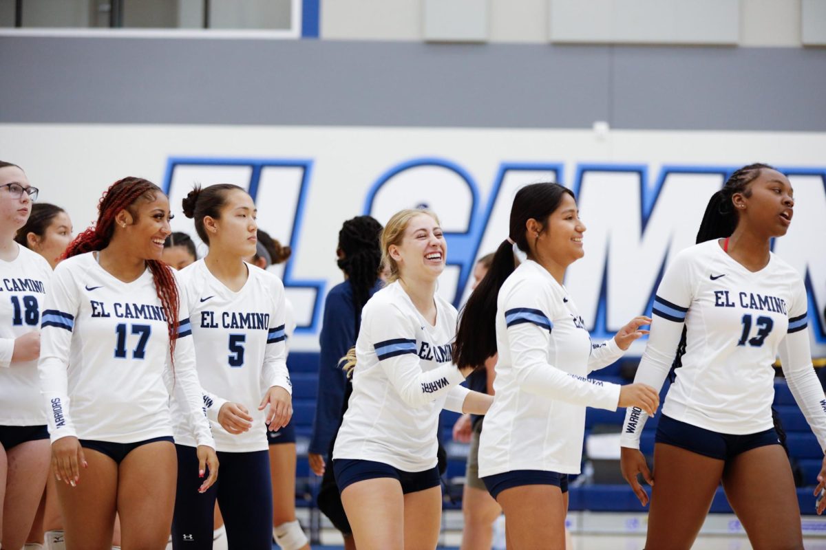 The Warriors of El Camino College are all smiles after sweeping Glendale 3-0 (25-9, 25-7, 26-24) in their season opener at home on Friday, Aug. 23. The Warriors will be on the road at Bakersfield College at the Bakersfield Quad for a doubleheader against Santa Barbara at 10 a.m. and will face Bakersfield at 2 p.m. (Greg Fontanilla | The Union)