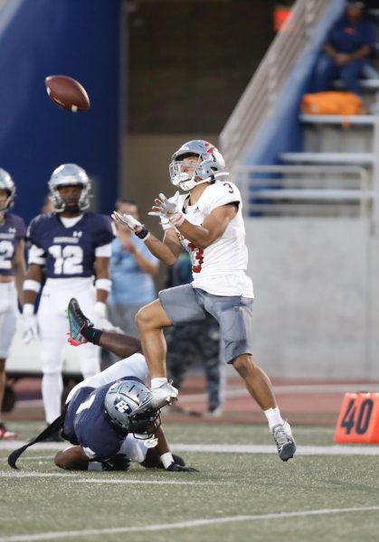 Palomar Comets wide receiver Skai Donnell hauls in a pass during the El Camino Warriors' home opener at Featherstone Field on Saturday, Sept. 14. Donnell caught two passes for 69 yards and a touchdown in a 14-10 victory over the Warriors. The Comets will clash with College of the Canyons on Saturday, Sept. 21 at 2 p.m. (Greg Fontanilla | The Union)