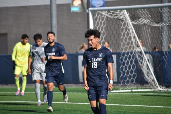 Warriors Forward #19 Steven Alvarenga celebrates as he scores his first goal of the season and puts the warriors lead to 2-0 against the Norco Mustangs (Elliott Bullock II )[The Union]