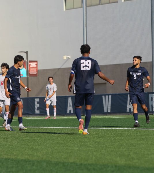 Warriors forward Marvin Gamez (middle) midfielder Sebastian Gomez(left) and forward Alek Palomares(right) celebrate together during Palomares final goal to end the game 5-1(Renzo Arnazzi|The Union)