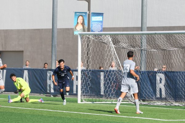 El Camino forward Steven Alverenga Dashes to the stands and celebrates with fans as he scores a goal for the warriors. (Renzo Arnazzi, The Union)