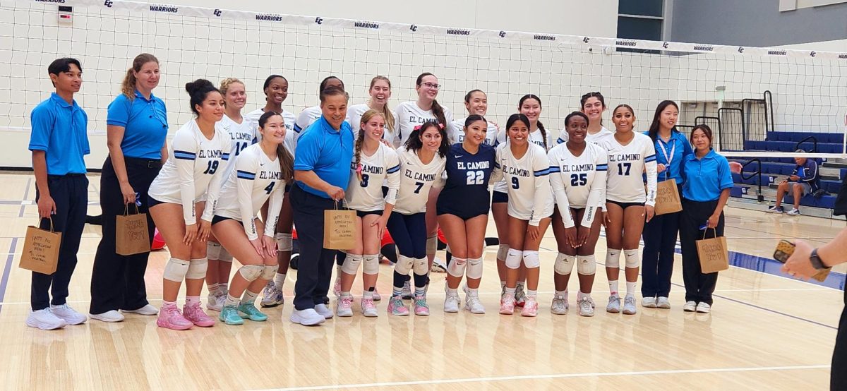 The El Camino College Warriors women's volleyball team are all smiles after their game against the Los Angeles City Cubs.  The Warriors secured 3-0 win on Wed, Oct. 2 after a four-game losing streak in the El Camino Gymnasium. (Isabelle Ibarra | The Union)