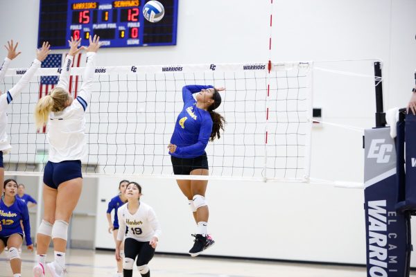 LA Harbor outside hitter Kayla Fierro leaps for an attack during a South Coast Conference showdown with El Camino at the ECC Gymnasium on Friday, Oct. 11. (Greg Fontanilla | The Union)