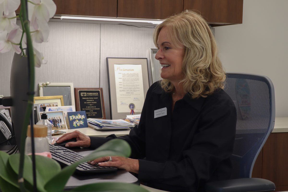 Andrea Sala, El Camino College Foundation executive director, works at her office desk in the Administration Building on Monday, Sept. 30. (Eddy Cermeno | The Union)