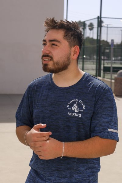 El Camino College Boxing Club president Alec Rodriguez, 20, fire technology major, in his second semester at ECC. The Boxing Club is hosting an organized sparring event, where Rodriguez will spar against Samuel Villarreal, at Sweet Science Gym in Hawthorne on Tuesday, Nov. 26, 2024. (Mario Trejos | The Union)