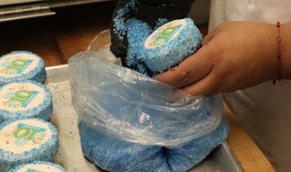 A Torrance Bakery employee decorates cupcakes on Oct 11.