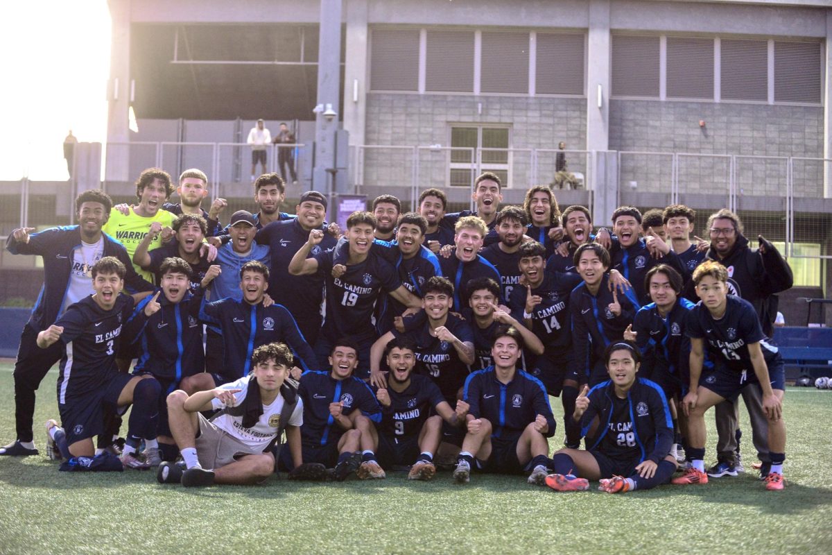 The El Camino College men's soccer team line up for a photograph after winning 4-0 against the East Los Angeles Huskies. The Warriors' next game takes place on Tuesday, Nov. 12, against an opponent that is yet to be announced. The men's soccer team remained unbeaten at home throughout the season. (Angel Pasillas | The Union)