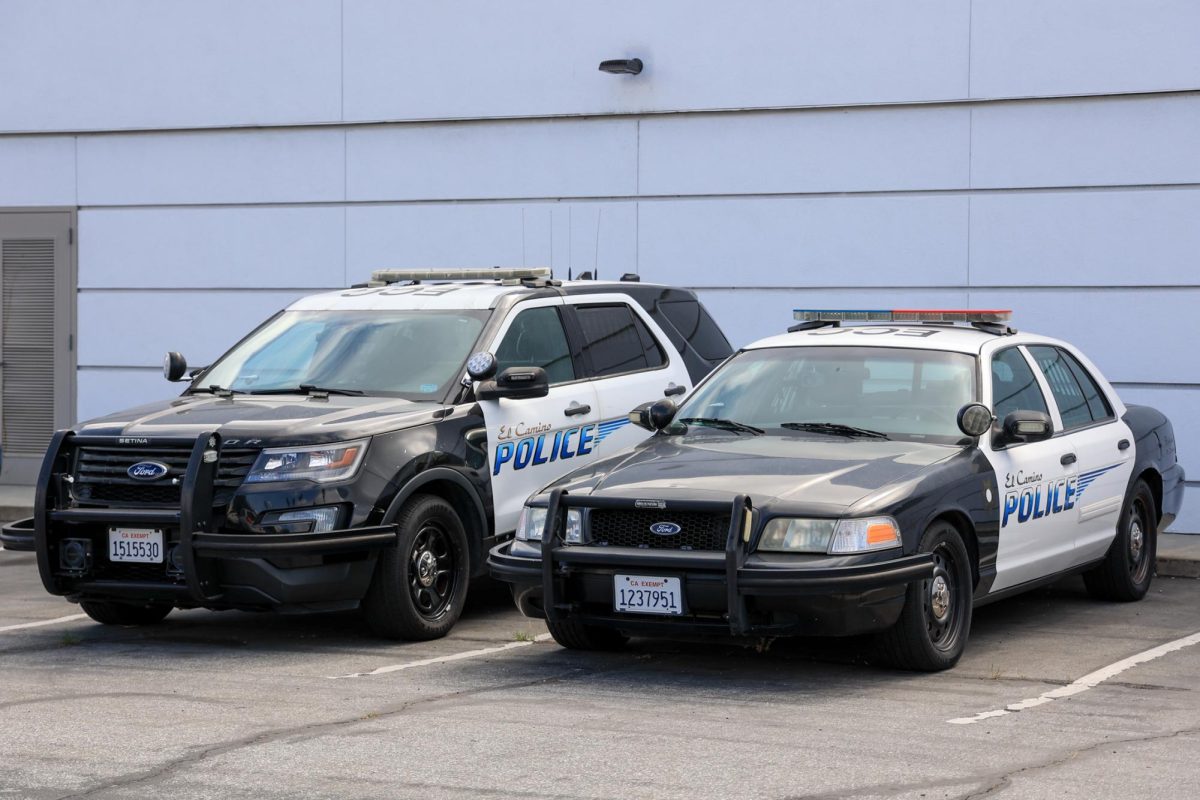 El Camino College Police Department vehicles stationed next to the Campus Police Building on Oct. 28. The building is located at the northwest corner of Crenshaw Boulevard and Redondo Beach Boulevard. (Elsa Rosales | The Union)