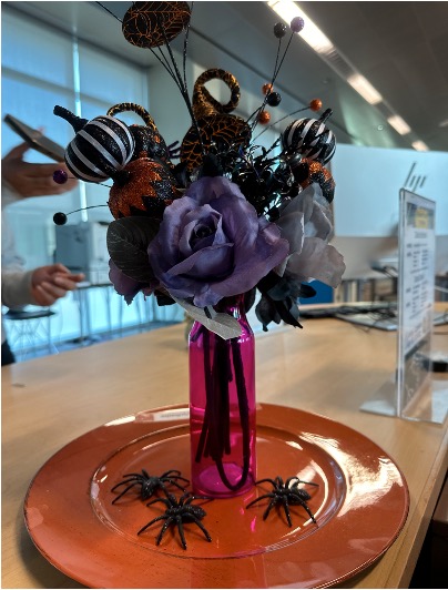 Halloween-themed bouquet, one of many crafts Frye has displayed throughout the Library Resources and Distance Education Buildings.(Isabella Espat | The Union)