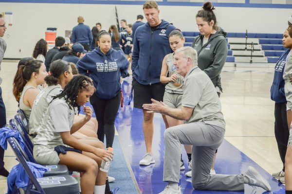 El Camino College women's basketball coach Steve Shaw (center right) attempts to galvanize the women's basketball team as the competition locks down their offense in a game against the Irvine Valley Lasers on Nov. 21, 2023. (Clarence Davis | The Union)