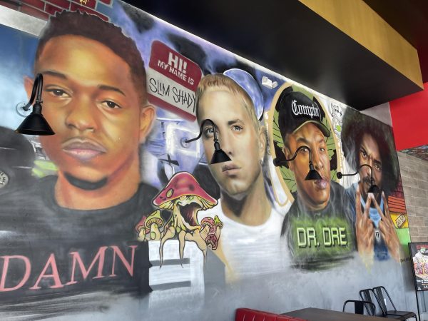 Increasingly, graf writers are commissioned to produce walls for businesses, including the tribute SLOE88 created to honor Hip Hop greats Kendrick Lamar, Eminem, Dr. Dre and Snoop Dogg at Dirt Dog located at 1420 W. Redondo Beach Blvd. in Gardena, photographed on Sept. 26, 2023. (Kim McGill | Warrior Life)