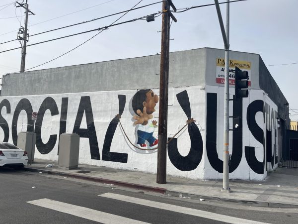 Mike Norice completed his newest mural - SOCIAL JUSTICE - wrapped around the building on the southwest corner of Long Beach Avenue and 41st Street in South Central LA pictured here on Dec. 29, 2023. (Kim McGill | Warrior Life)