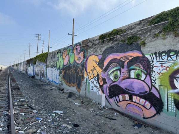 Freeway overpasses, concrete-covered river beds and rail yards are favorite spots for throw-ups. One section to drive or walk by exists next to the train tracks that run parallel to Alameda Street and Alameda Street East between Century Boulevard and 92nd Street on the border of Watts and South Gate, pictured here on April 21, 2024. (Kim McGill | Warrior Life)