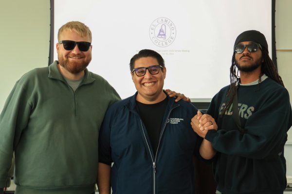 From left, El Camino College Student Development's Tyler Strohl, student activities advisor; Ricky Gonzalez, director; and Austin Toney, student activities advisor; attended the Associated Students Organization Senate meeting on Thursday, Oct. 10, 2024. ASO Senate meetings take place every Thursday in the Pencil Room, located west of the Warrior Welcome Center on the first floor of the Student Services building. (Elsa Rosales | The Union)