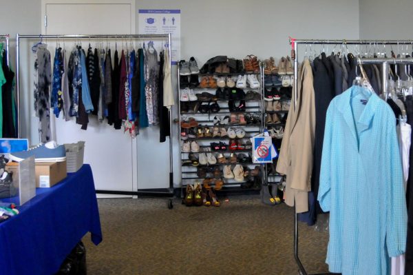 The El Camino College's Warrior Pantry, located at the Basic Needs Center, presents an assortment of clothing, shoes, and essential supplies, free for students. (Argentina Talley | The Union)