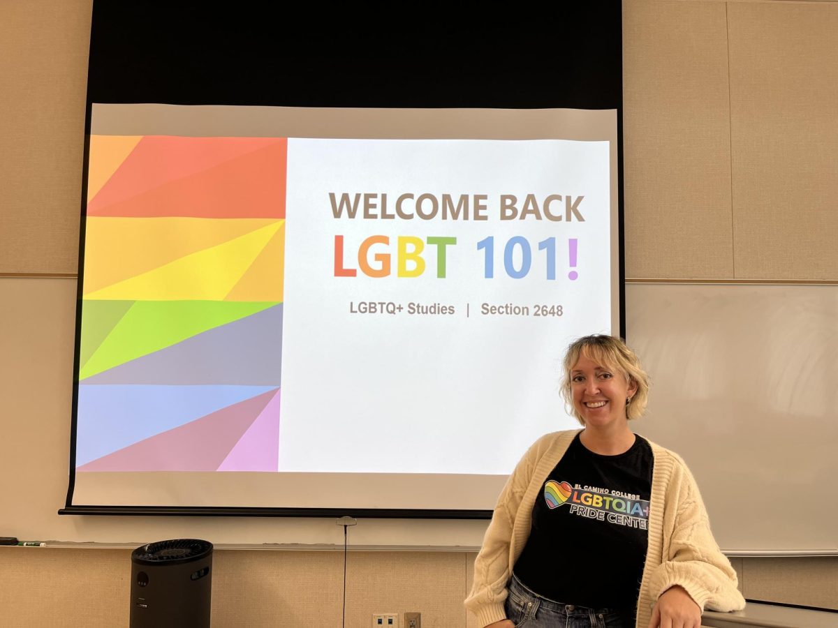 Sarah Leinen, a part-time instructor, stands in her classroom at El Camino College, where she teaches the new LGBT-101 course on Nov. 26. (Camila Jimenez | The Union)