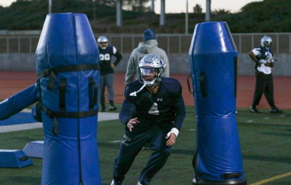 German International Linebacker Mathis Schaaf practices his tackles at his practice before the big SCFA Semi final matchup against Mt. SAC (Renzo Arnazzi|The Union)