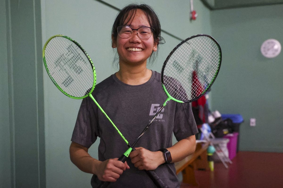 El Camino College badminton player Montila Winyaworapon holds up the two rackets she used during the match against San Diego City College on Wednesday, March 23. The strings of one racket popped during a singles match. "I didn’t use it for some time, then when I use it for this game… pop," said Winyaworapon. Photo credit: Erica Lee
